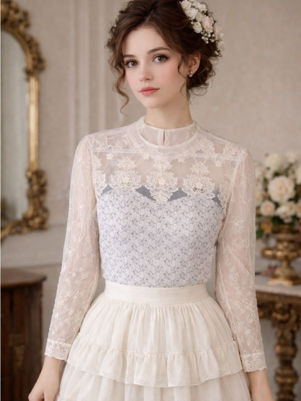 Panitti Victorian Fairycore Lace Cream Mock Neck Blouse Size XL